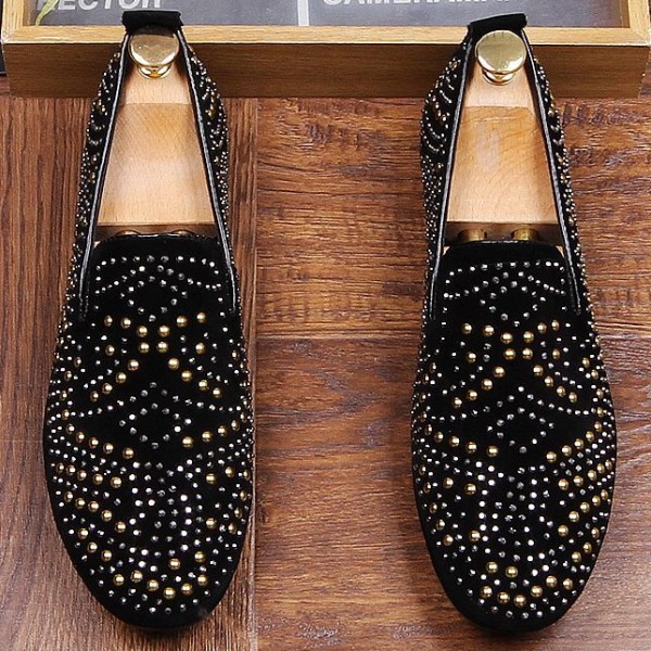 Black Suede Gold Silver Metal Studs Punk Rock Mens Loafers Flats Dress Shoes