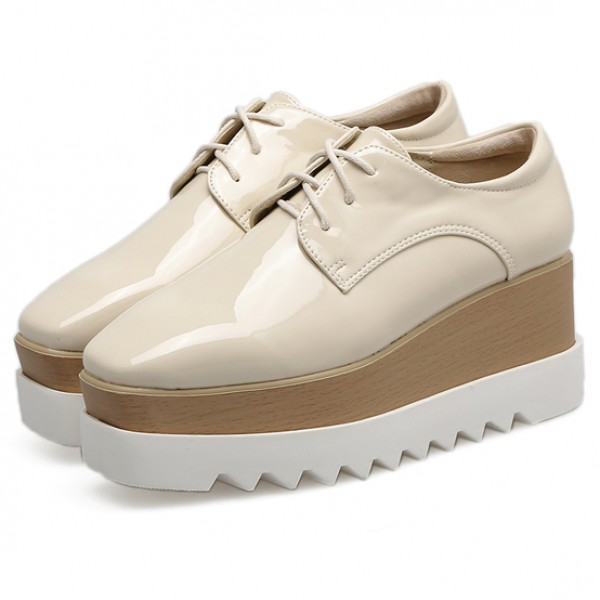 Beige Patent Leather Lace Up Platforms Wedges Oxfords Shoes