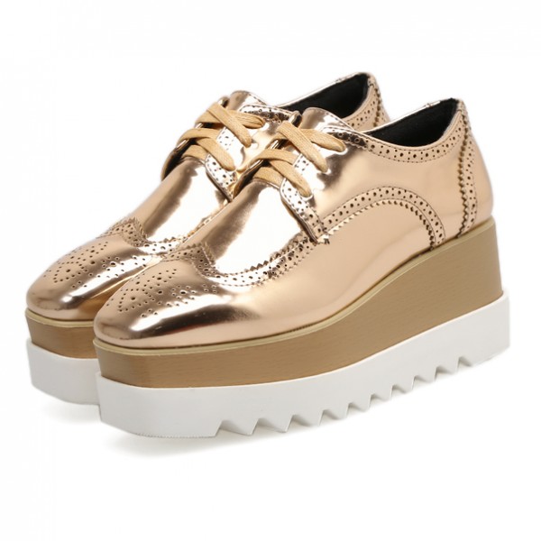 Gold Metallic Patent Leather Lace Up Platforms Wedges Oxfords Shoes
