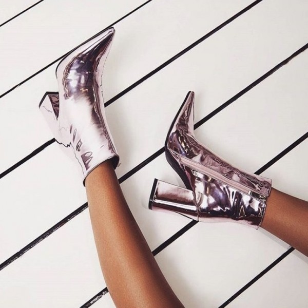 Silver Mirror Metallic Point Head Block High Heels Ankle Boots Shoes