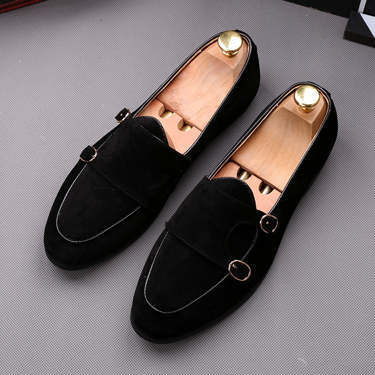 Black Double Buckle Suede Mens Dappermen Dapper Men Loafers Flats Shoes 1436