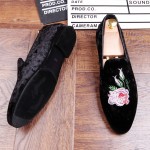 Black Velvet Suede Pink Embroidery Rose Flowers Mens Oxfords Loafers Dress Shoes Flats