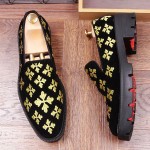 Black Suede Gold Embroidery Fleur-De-Lys Mens Loafers Flats Thick Sole Dress Shoes