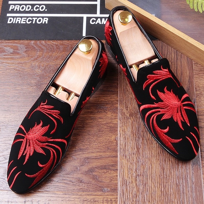 Black Red Suede Embroidery Mens Oxfords 