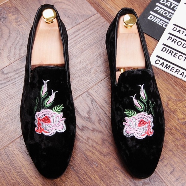 Black Velvet Suede Pink Embroidery Rose Flowers Mens Oxfords Loafers Dress Shoes Flats