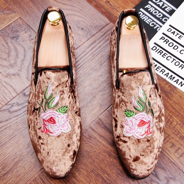 Brown Velvet Suede Pink Embroidery Rose Flowers Mens Oxfords Loafers Dress Shoes Flats
