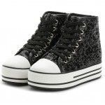 Black Glitter Bling Bling Lace Up High Top Platforms Hidden Wedges Sneakers Shoes