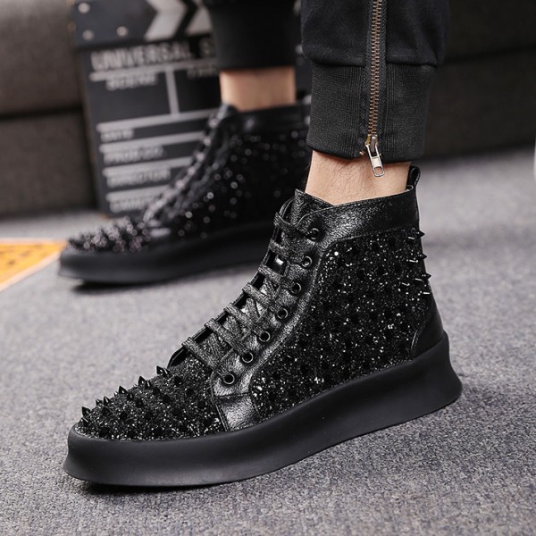 Black Glitter Bling Bling Spikes Lace Up High Top Mens Sneakers Shoes
