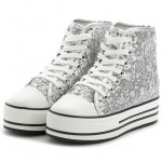 Silver Glitter Bling Bling Lace Up High Top Platforms Hidden Wedges Sneakers Shoes