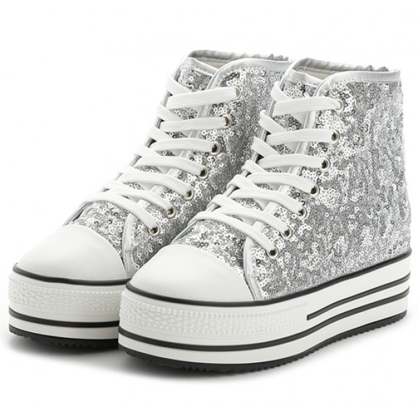 Silver Glitter Bling Bling Lace Up High Top Platforms Hidden Wedges Sneakers Shoes
