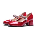 Red Patent Diamonte Crystals Mary Jane Ballets Ballerina High Heels Shoes