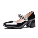 Black Patent Diamonte Crystals Mary Jane Ballets Ballerina High Heels Shoes