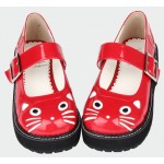 Red Patent Cat Face Mary Jane Lolita Thick Sole Platforms Creepers Flats Shoes