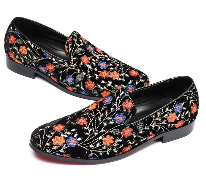 Black Colorful Vintage Flowers Mens Oxfords Loafers Dress Shoes Flats