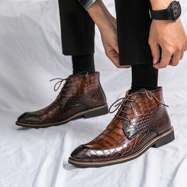 Brown Croc Classy Pointed Head Mens Lace Up Ankle Boots Shoes