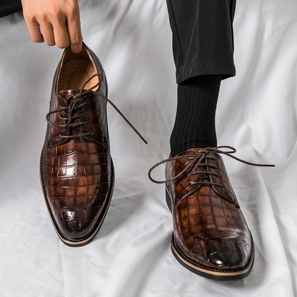 Brown Croc Pointed Head Lace Up Mens Oxfords Dress Business Shoes