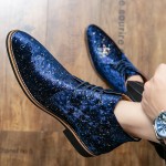 Blue Glittering Party Prom Pointed Head Lace Up Mens Chelsea Ankle Boots Shoes