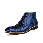 Blue Glittering Party Prom Pointed Head Lace Up Mens Chelsea Ankle Boots Shoes
