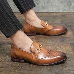 Brown Wingtip Gold Metal Chain Baroque Vintage Mens Loafers Flats Shoes