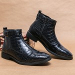 Black Croc Pointed Head Mens Chelsea Ankle Strap Boots Shoes