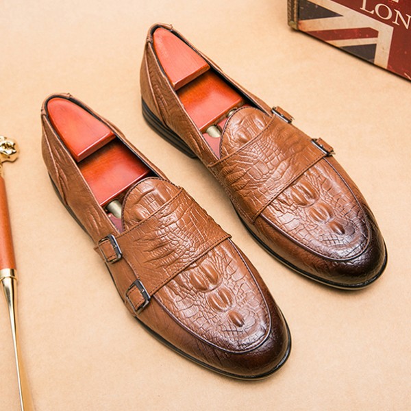 Brown Monk Strap Croc Prom Vintage Mens Loafers Flats Shoes