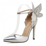 Silver Metallic Patent Pointed Head Butterfly Back Stiletto High Heels Shoes