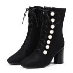 Black Suede Blunt Head High Top Giant Pearls Punk Rock Gothic High Heels Boots Shoes