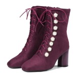 Purple Suede Blunt Head High Top Giant Pearls Punk Rock Gothic High Heels Boots Shoes