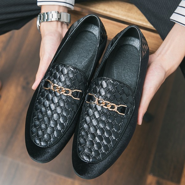 Black Velvet Knitted Gold Chain Baroque Mens Loafers Shoes