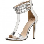Silver Metallic Metal Chain Ankle Straps Stiletto High Heels Sandals Evening Shoes