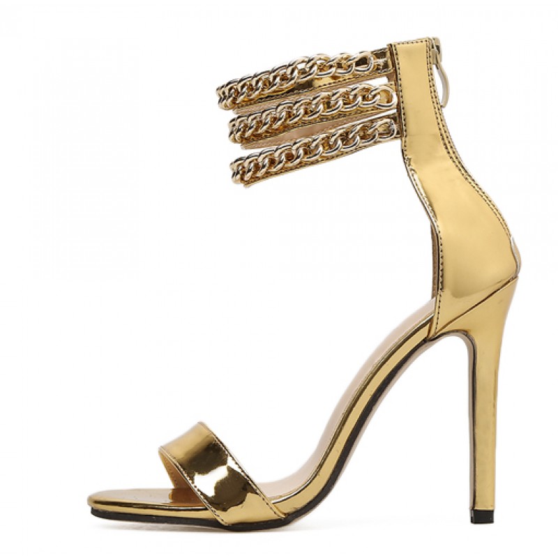 Gold Metallic Metal Chain Ankle Straps Stiletto High Heels Sandals ...