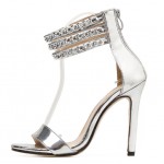 Silver Metallic Metal Chain Ankle Straps Stiletto High Heels Sandals Evening Shoes