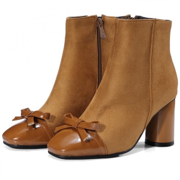 Brown Bow Blunt Head High Heels Ankle Boots Shoes