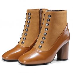 Brown Metal Studs Blunt Head High Heels Ankle Combat Boots Shoes