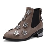 Grey Crystal Flowers Ankle Pointed Head Chelsea Boots Shoes