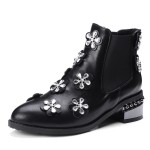 Black Crystal Flowers Ankle Pointed Head Chelsea Boots Shoes