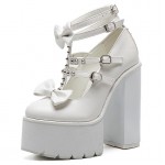 White Bow Spikes T Strap Mary Jane Punk Rock Platforms High Heels Shoes