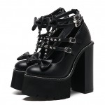 Black Bow Spikes T Strap Mary Jane Punk Rock Platforms High Heels Shoes