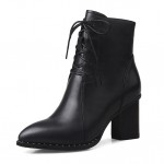 Black Leather Point Head High Heels Ankle Combat Boots Shoes