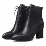 Black Leather Point Head High Heels Ankle Combat Boots Shoes