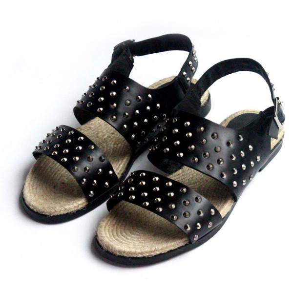 Black Silver Metal Studs Knitted Sole Sling Back Mens Gladiator Roman Sandals Shoes