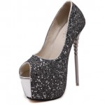 Grey Glitter Bling Bling Platforms Stiletto Peep Toe Super High Heels Shoes