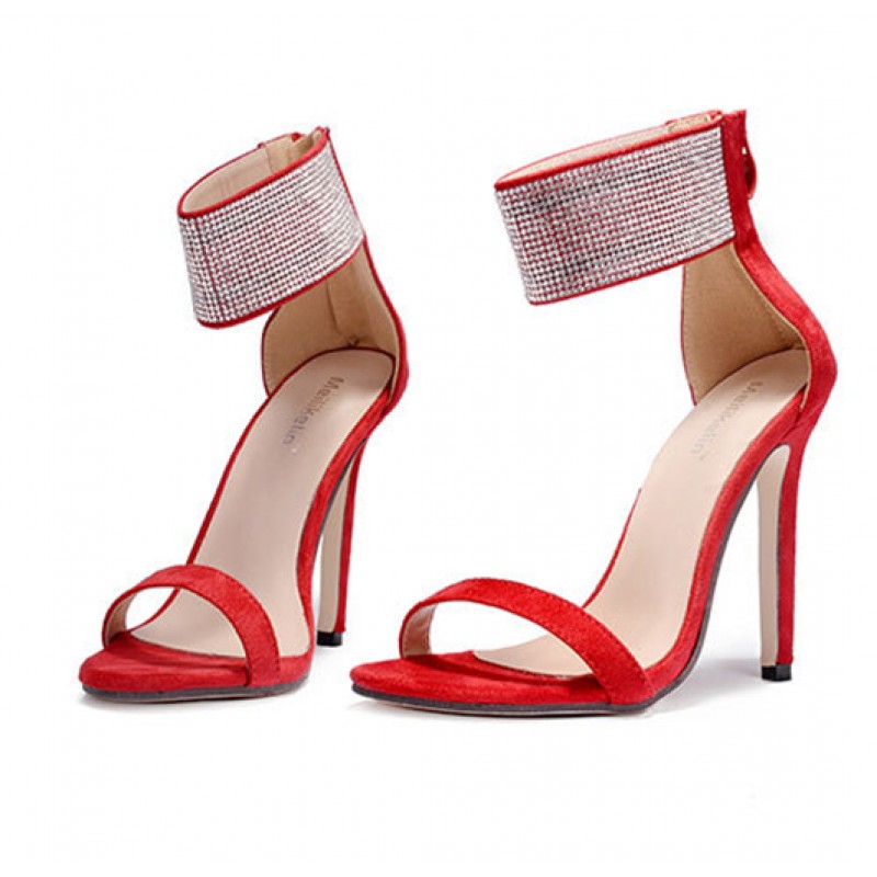 Red Suede Diamante Bling Bling Ankle Straps Evening Stiletto High Heels ...