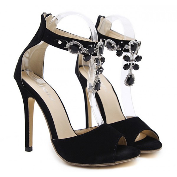 Black Ankle Strap Black Diamante Gems Evening Stiletto High Heels Sandals Shoes