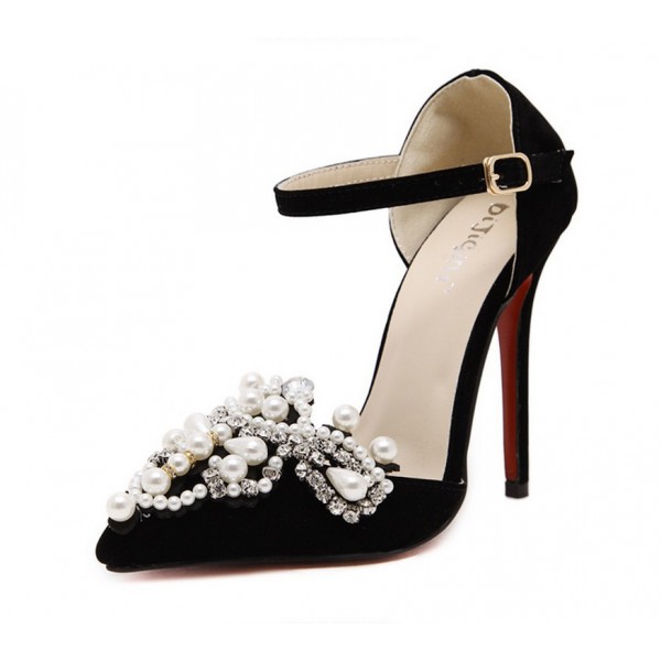 Black Suede Velvet Pointed Head Pearls Evening Stiletto High Heels Sandals Shoes