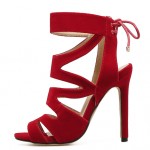 Red Suede Zig Zag Hollow Out Stiletto High Heels Sandals Shoes