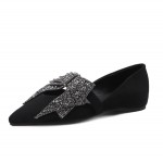 Black Suede Point Head Giant Diamante Bow Bling Bling Flats Loafers Shoes