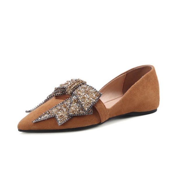 Brown Suede Point Head Giant Diamante Bow Bling Bling Flats Loafers Shoes