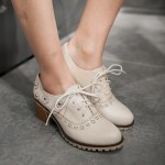 Cream Flowers Floral Lace Up High Heels Women Oxfords Shoes
