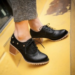Black Flowers Floral Lace Up High Heels Women Oxfords Shoes